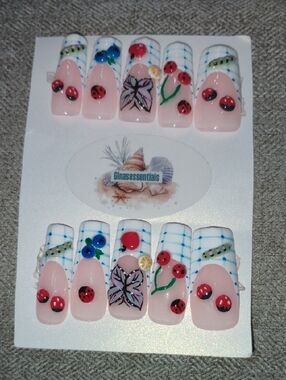 Essentials Pink Press-On Nails with Ladybug, Blue Floral & Green Stems